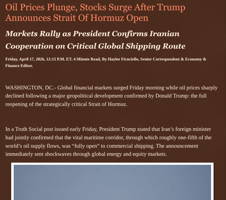 ArtFletcher9's tweet photo. Oil Prices Plunge, Stocks Surge After Trump Announces Strait Of Hormuz Open https://t.co/cC1ariPYgn via @Englebrooknews #WashingtonDC #USEconomy #OilPrices #plunge #PresidentTrump #Iran #StraitOfHormuz #Fully #opens @wireless_step @HRG_Media @LodiNJNews @HayleeNews @Fordmb1953 @SarahGeving1 @Shannon96574094 @DanCook26214426 @Daytobehappy @janninereid1 @gator4kb18 @TrumpWasRite2 @KathyKbrose @RobGerundo @JimBobW49