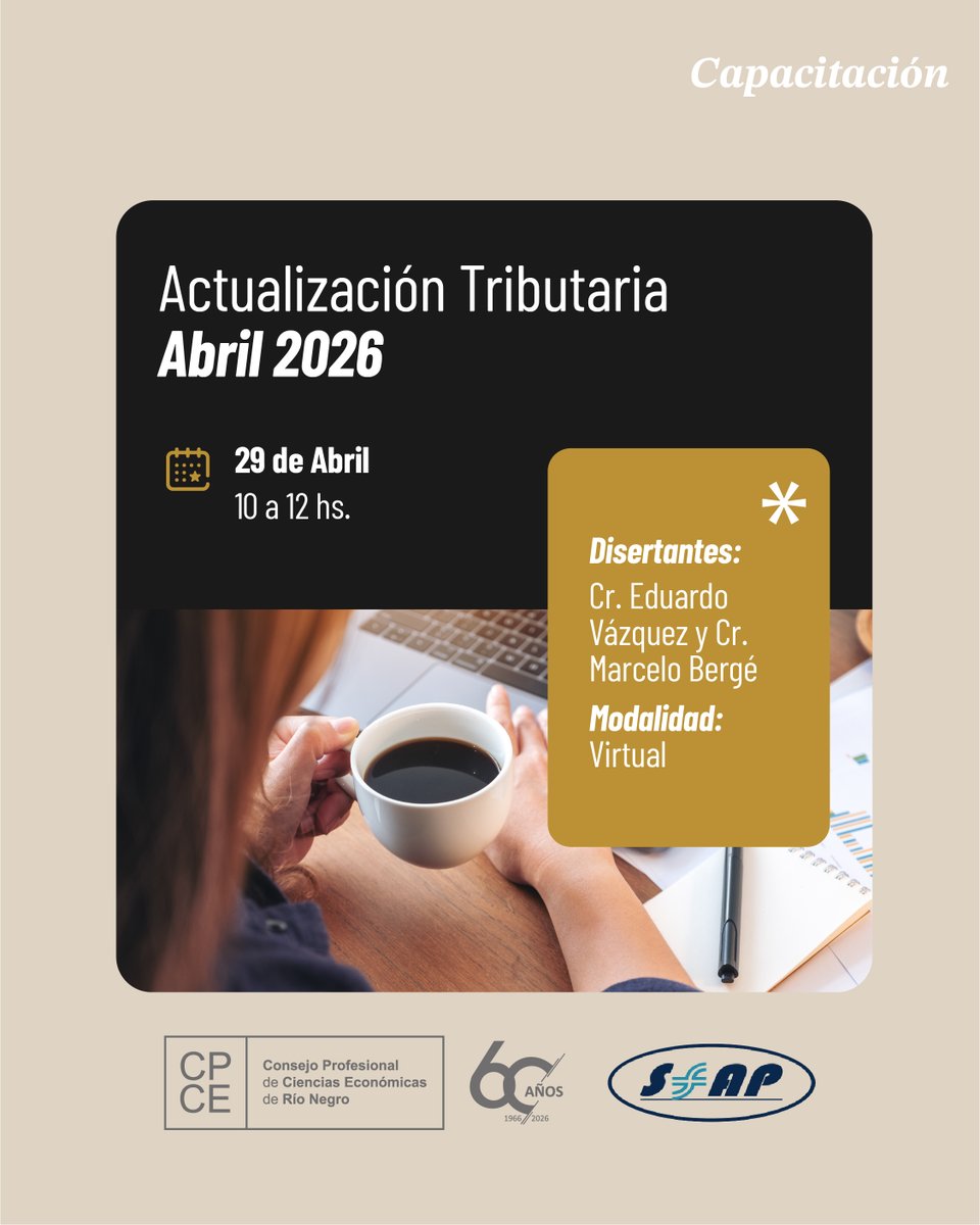Nueva capacitación con Inscripción Abierta

Actualización Tributaria – Abril 2026
Disertantes: Cr. Eduardo Vázquez y Cr. Marcelo Bergé

Fecha: Miércoles 29 de Abril
Horario: De 10 a 12 hs
Modalidad: Virtual