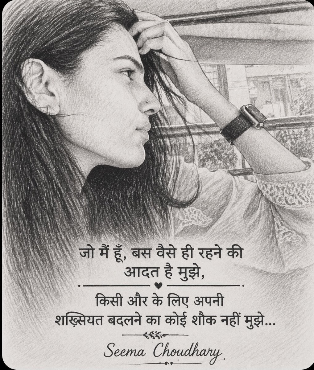 SeemaCh42005522's tweet image. “जो मैं हूँ… वही रहने में सुकून है, किसी के लिए खुद को बदलना मंज़ूर नहीं 💫” 

#SelfRespect #BeYourself #SeemaChoudhary #NoChange #RealNotFake
#Attitude #StrongGirl #Confidence #SelfLove #IndependentWoman
#HindiQuotes #Shayari #Truth #LifeQuotes #Mindset
#StayReal #NoFilter