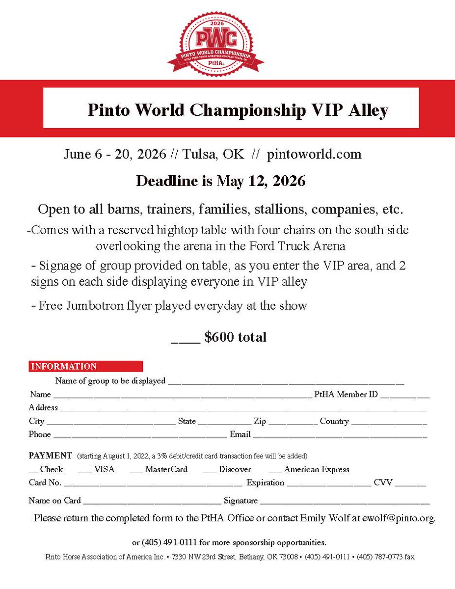 New This Year at the Pinto World Championship! 📷
VIP alley is going to be offered to everyone attending the show. Includes a hightop with chairs to watch the show overlooking the arena in the Ford Truck Arena. Check out this opportunity.