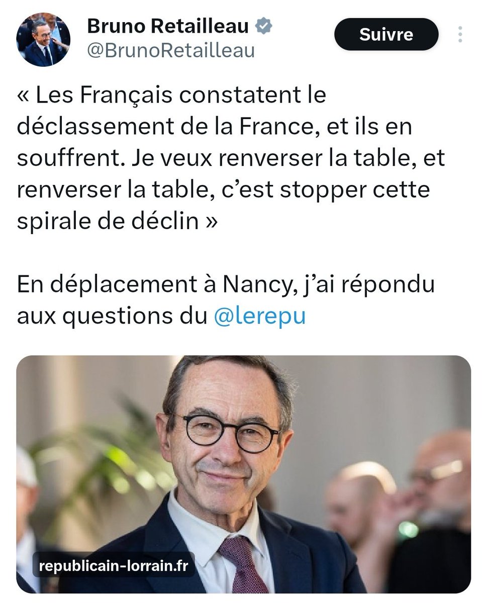 nRenardPaname's tweet photo. Tiens, le président de la respectable « Confrérie des honnêtes gens qui bossent dur » veut renverser la table avec un projet simple : faire en sorte que le revenu du travail soit toujours supérieur au revenu de la solidarité et lutter fermement contre la délinquance. Bruno Retailleau, ce professionnel de la rente politique à vie, qui n’a jamais bossé, jamais mis les mains dans le cambouis et qui carbure aux indemnités de fonction, aux frais de mandat et aux avantages délirants, veut parler à la France qui travaille et pas à celle qui « profite du système ». Bruno Retailleau, à la tête d’un vaste réseau de corrompus, de pilleurs d’argent public et de fraudeurs agissant en toute impunité, ou presque, veut une justice plus ferme à l’encontre des délinquants pour rétablir l’autorité de l’État.
Bref, l’ex-paillasson de la Macronie, qui ne représente que lui-même, devrait arrêter avec sa com’ à deux balles, parce que les honnêtes gens en ont ras le bol de trimer pour engraisser des voyous de compétition et des charlatans improductifs qui passent leur temps à les prendre pour des cons...