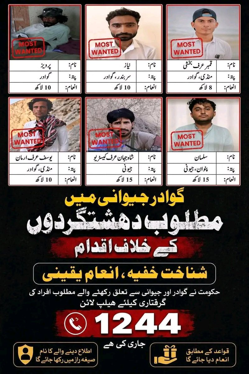 The Fitna al Hindustan terrorists involved in the attack on the Jiwani Coast Guard have been identified. A reward will be given to anyone who provides useful information.