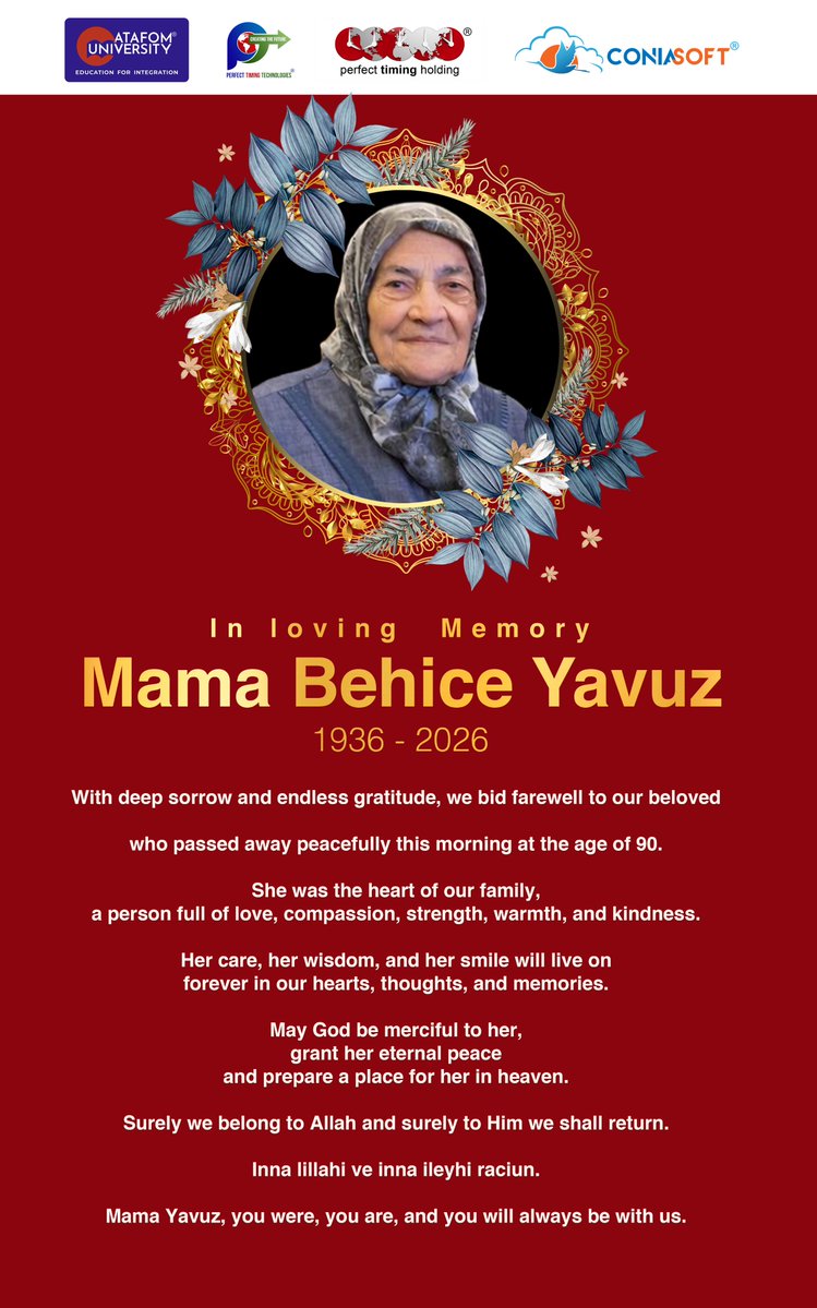 ATAFOMUni's tweet image. With deep sadness, we announce the passing of Mama Behice Yavuz, beloved mother of the Founder of ATAFOM University International.
We extend our heartfelt condolences to the family during this difficult time.
#Condolences #InMemory #RestInPeace #ATAFOM #ŞakirYavuz #Legacy #Family