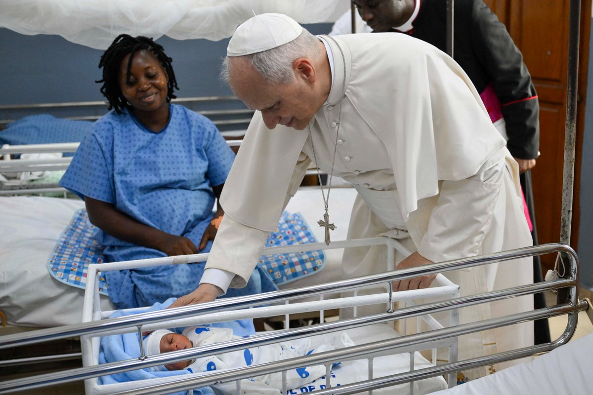 Pope Leo XIV blesses a newborn at Saint Paul Catholic Hospital in Douala, Cameroon, Friday, April 17, 2026. | Credit: Vatican Media