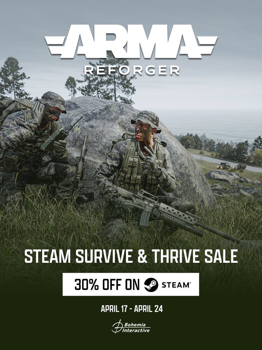 ArmaPlatform's tweet image. The @Steam Survive and Thrive Sale is here! 💪

Get #ArmaReforger for 30% off, #Arma3 Gold Edition or Arma 3 Platinum Edition for 70% off, and Arma 3 DLCs for up to 67% off! 🔥

The sale ends April 24th! ⏳