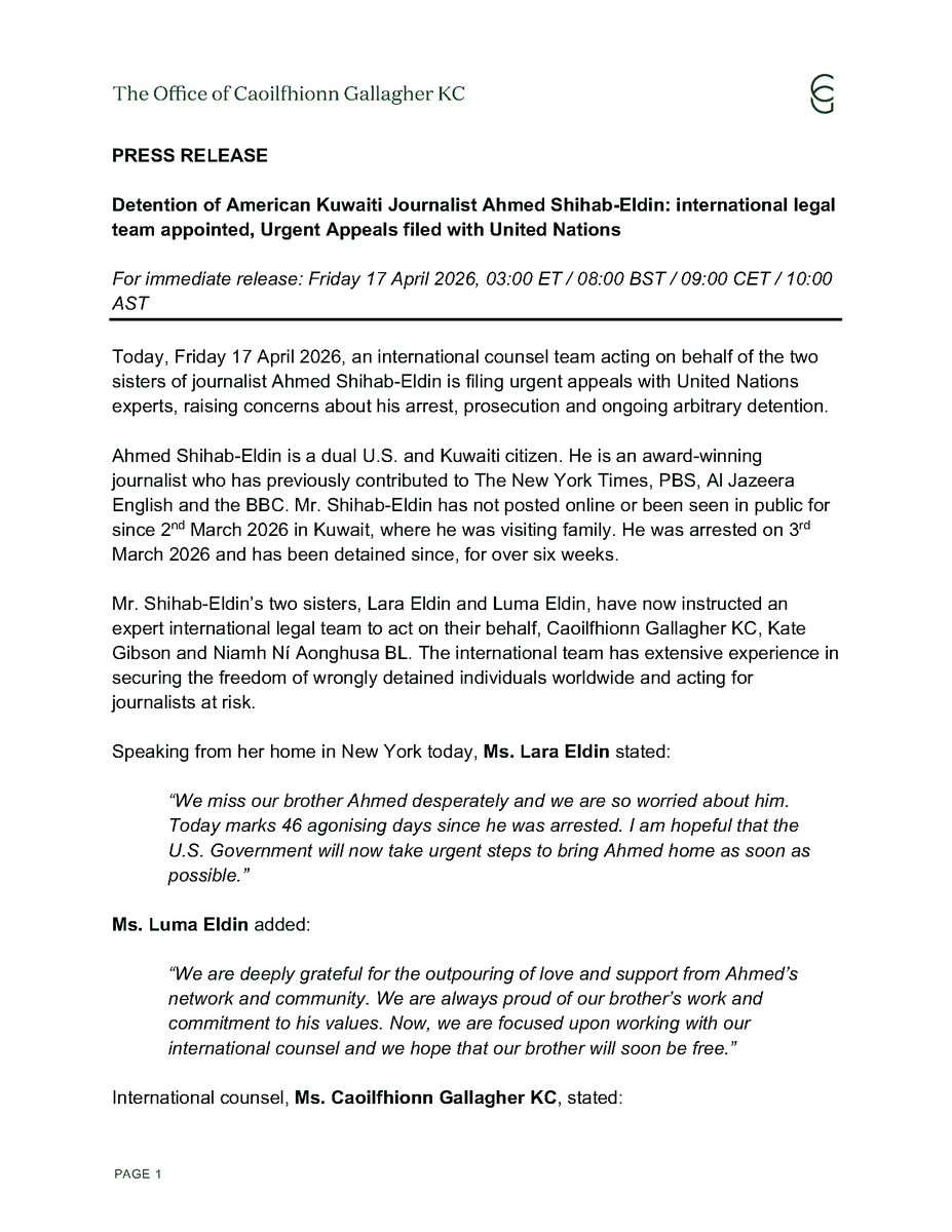 CPJMENA's tweet image. #Kuwait: An international counsel team acting on behalf of the two sisters of journalist #AhmedShihabEldin  is filing urgent appeals with United Nations experts, raising concerns about his arrest, prosecution and ongoing arbitrary detention.
 #freeahmed #freeahmedeldin