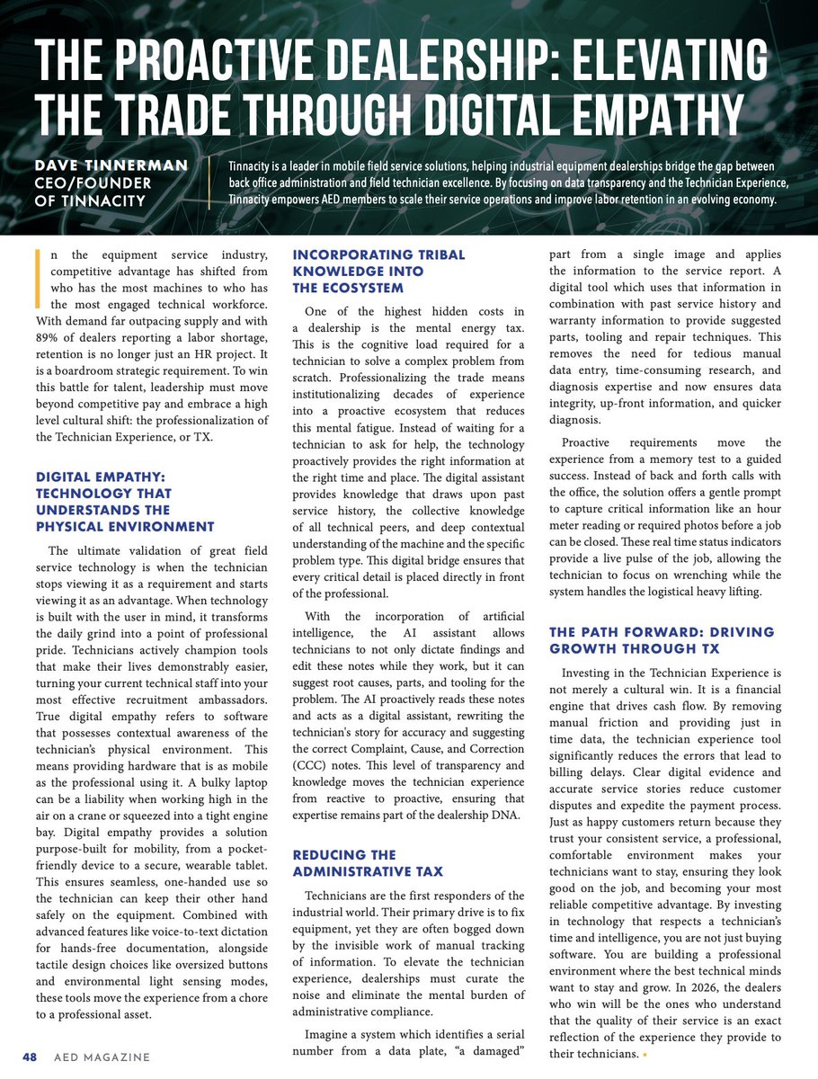 tinnacity_wit's tweet photo. Tinnacity is thrilled to be featured in the April 2026 @AED Magazine! 📖🏆

Flip to p. 48 for a "Letter from the CEO" by Dave Tinnerman. He dives into "The Proactive Dealership" and how Digital Empathy supports our "boots on the ground." 🛠️🤝 (1/2) https://t.co/HVTJRr3GoO
