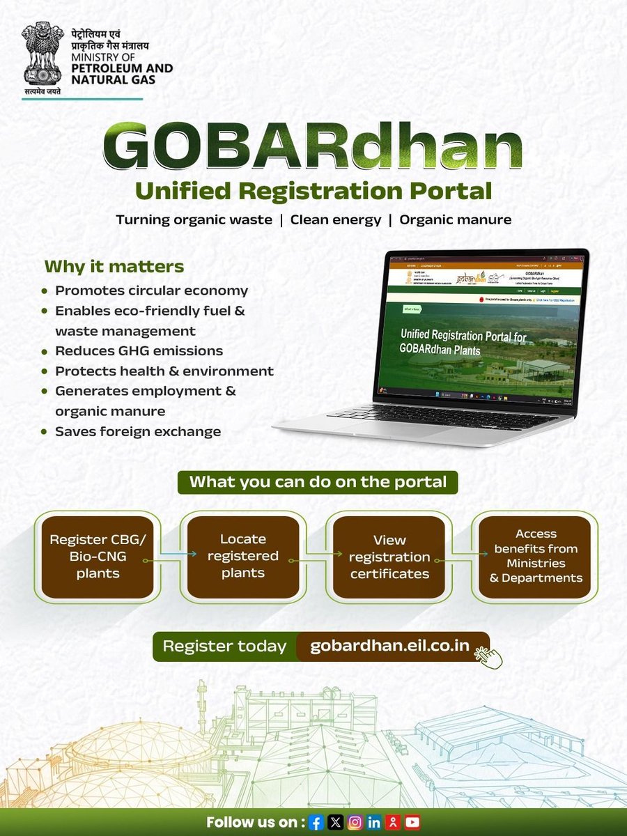 PetroleumMin's tweet image. Be part of India’s journey toward a clean, circular, and self-reliant energy future through the GOBARdhan initiative of the Ministry of Petroleum and Natural Gas.

Register today: gobardhan.eil.co.in

#MoPNG #GOBARdhan #CleanEnergy