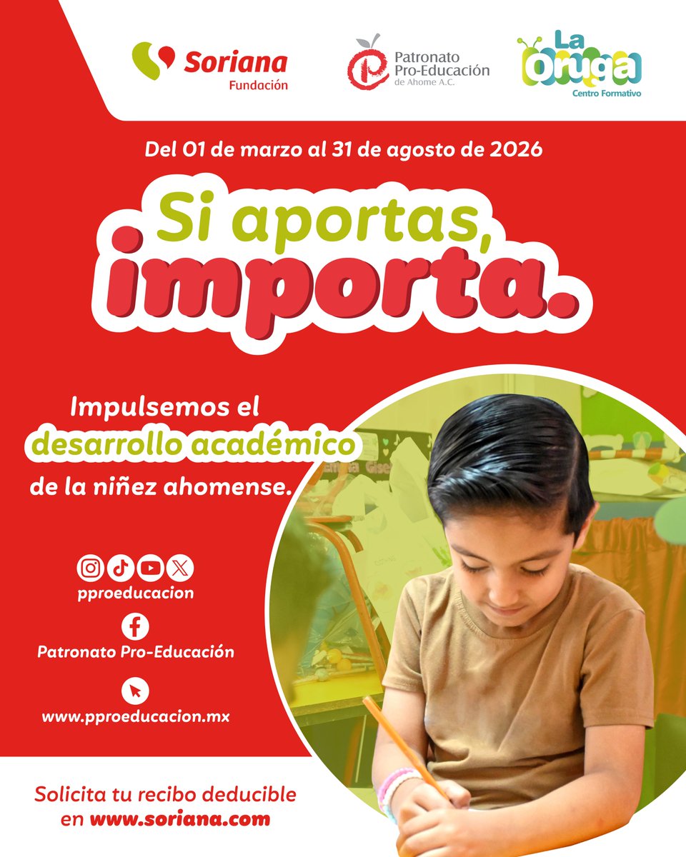 Del 01 de marzo al 31 de agosto “si aportas importa” en cada compra que hagas en las dos tiendas Soriana Los Mochis. 🙌❤
Recuerda que puedes donar tus pesos y centavos al cerrar tu cuenta en caja. ❤️💚
<a href="/OrgSoriana/">Organización Soriana</a> 
#Niñez #Educación #Ahome
