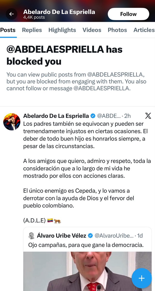 Un candidato presidencial, aspirante a liderar una nación, acaba de bloquearme por disentir. 

Poco valiente quien silencia, poco transparente quien teme el escrutinio y poco democrático quien practica modos de censura. 

La grandeza se mide por la capacidad de enfrentar ideas,
