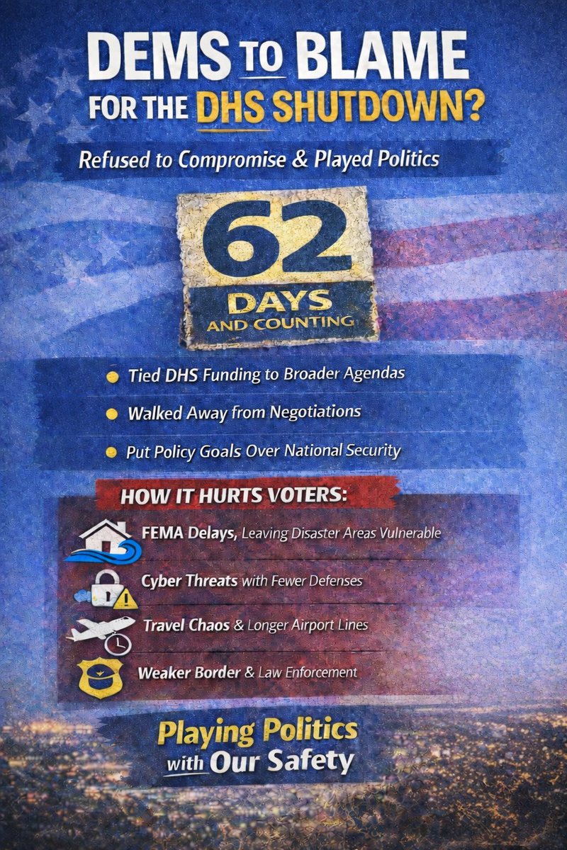 Breaking_Battle's tweet image. Day 62 of the Democrat DHS Shutdown
Washington keeps playing politics — and Americans are paying the price.
• Disaster response is being delayed
• Cyber threats are escalating
• Travel disruptions are increasing
• National security is under strain
#DHS #GovernmentShutdown