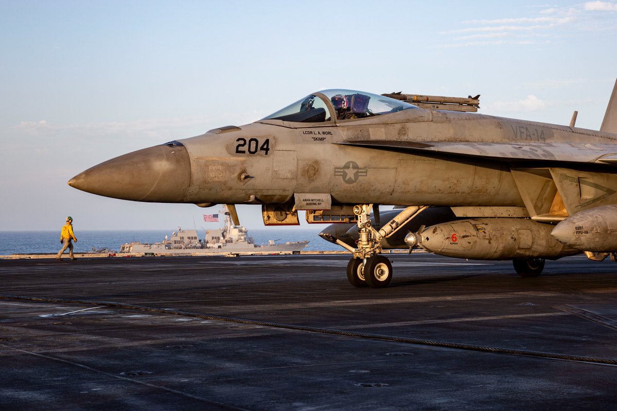 CENTCOM's tweet image. An F/A-18E Super Hornet taxis on the flight deck of Nimitz-class aircraft carrier USS Abraham Lincoln (CVN 72) as it sails alongside the USS Delbert D. Black (DDG 119), April 16. 

Over 10,000 U.S. Sailors, Marines, and Airmen are enforcing the blockade against ships attempting
