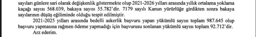 Bedelli askerlik ücretleri:

• 2019: 31 K - 33 K
• 2020: 35 K - 37 K
• 2021: 39 K - 43 K
• 2022: 56 K - 80 K
• 2023: 104 K - 122 K
• 2024: 182 K - 217 K
• 2025: 243 K - 280 K
• 2026: 333 K - 417 K

➡️ Yıllık ortalama asker kaçağı sayısı

625 bin kişi

Sizce bu normal mi?