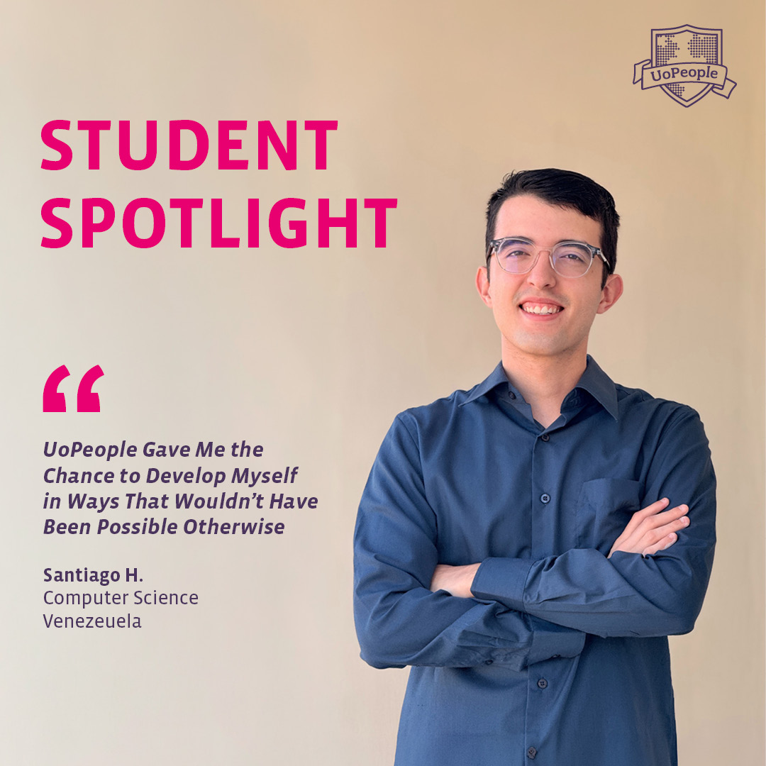UoPeople's tweet image. Based in Venezuela, Santiago H. is earning his Computer Science degree at UoPeople while working as a junior web developer. Despite personal challenges, he’s building toward launching AI and education focused tech products.  bit.ly/3OyeIAx💜✨#UoPeople #StudentSpotlight
