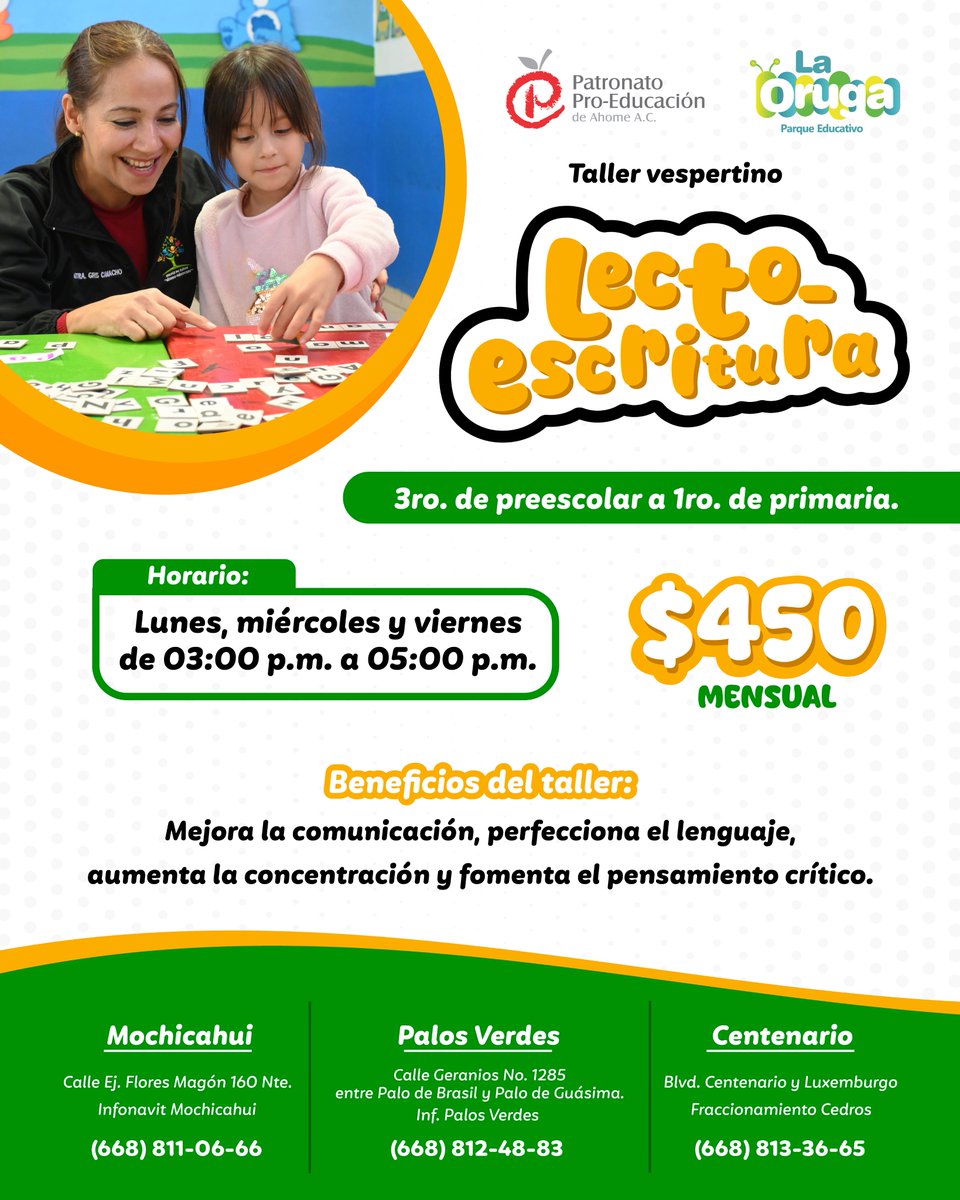 El taller de “Lecto-escritura” llega a nuestros tres parques “La Oruga”, para apoyar a tus hijos en este importante proceso educativo. ✍️📚

Obtén toda la información en el siguiente gráfico a los teléfonos de contactos que ahí te compartimos. ➡️