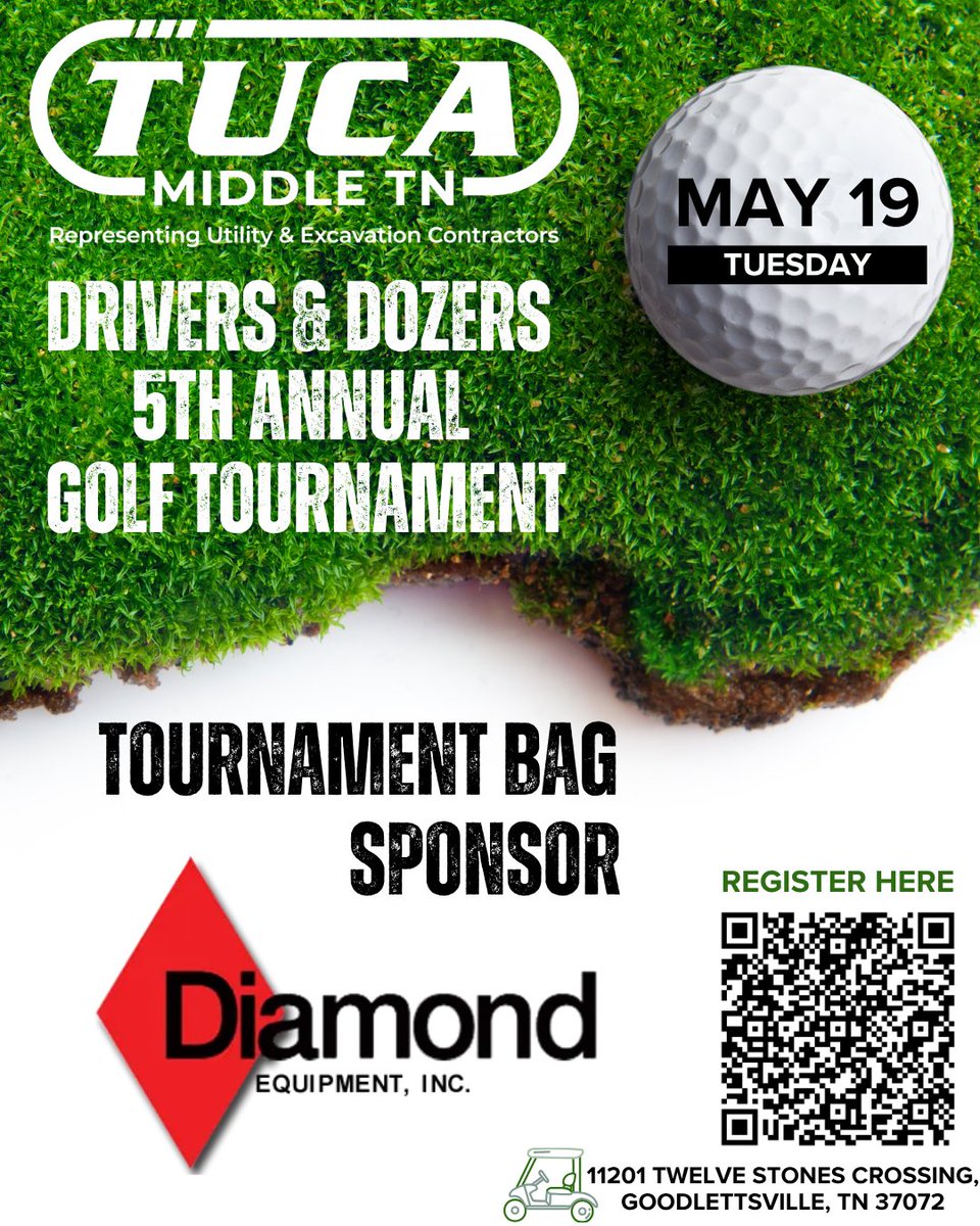 TUCAMidTn's tweet image. 🎉 We’re thrilled to have @diamondequipmentinc as the Tournament Bag Sponsor for our 5th Annual Drivers &amp;amp; Dozers Event happening Tuesday, May 19th, 2026!

#golf #golftournament #member #diamondequipment #bagsponsor #tuca #tucamidtn #membership #association #may #itsgonnabemay
