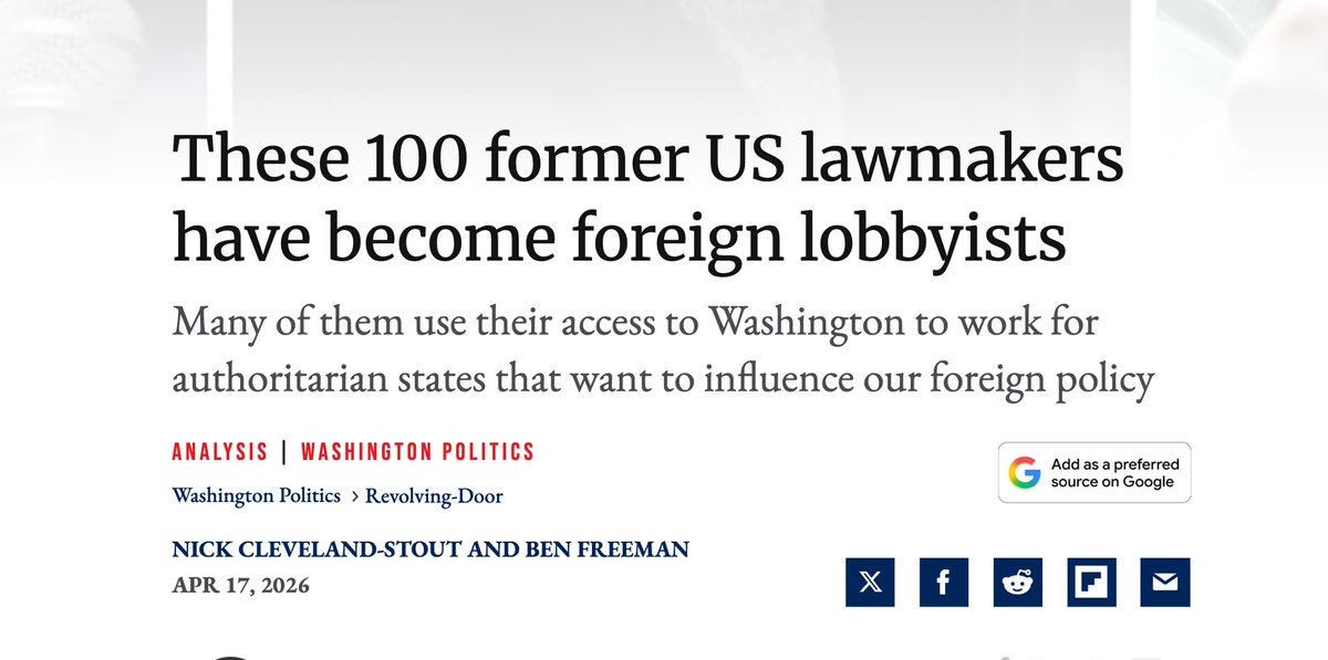 100 former members of Congress are cashing checks from foreign governments. 

85% of those countries are rated "not free" or "partially free" by Freedom House. 

Your former representatives, on someone else's payroll.

<a href="/RStatecraft/">Responsible Statecraft</a>