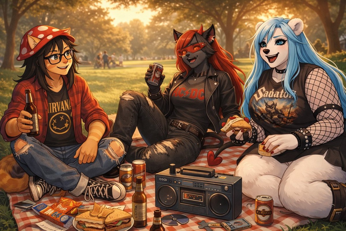 Gozaar98's tweet photo. A huge shout my good friend @HexogenAI for reaching 1k followers congratulations!
Chillin’ at the park with my good friends @HexogenAI & @X0_Kane_0X 🍻🔥  
Good food, cold beer, and a mix of heavy metal, hard rock, and grunge blasting from the boombox 🎶  

Honestly… best vibe ever #PicnicWithFriends 🤘😌  

#Furry #OC Gozaar, Hexa, Aurora #GrungeVibes #RockLife #GoodTimes #Anthro #SFW #AiArt