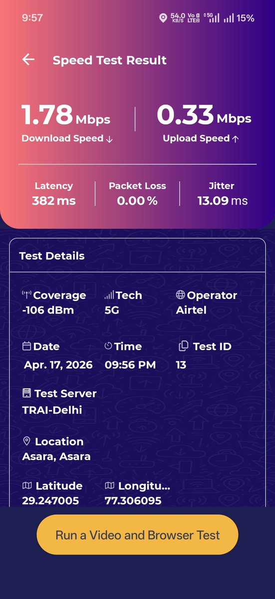 proudmohd's tweet image. Airtel 5G in Asara (Baghpat, UP) is worse than 4G.
Speed: 1.78 Mbps ↓ / 0.33 Mbps ↑, Ping 382 ms.

Village population ~50,000 still suffering.
@airtelindia fix this urgently.
@DoT_India @airtelnews @Airtel_Presence
#Airtel5G #NetworkIssue #UP #Baghpat