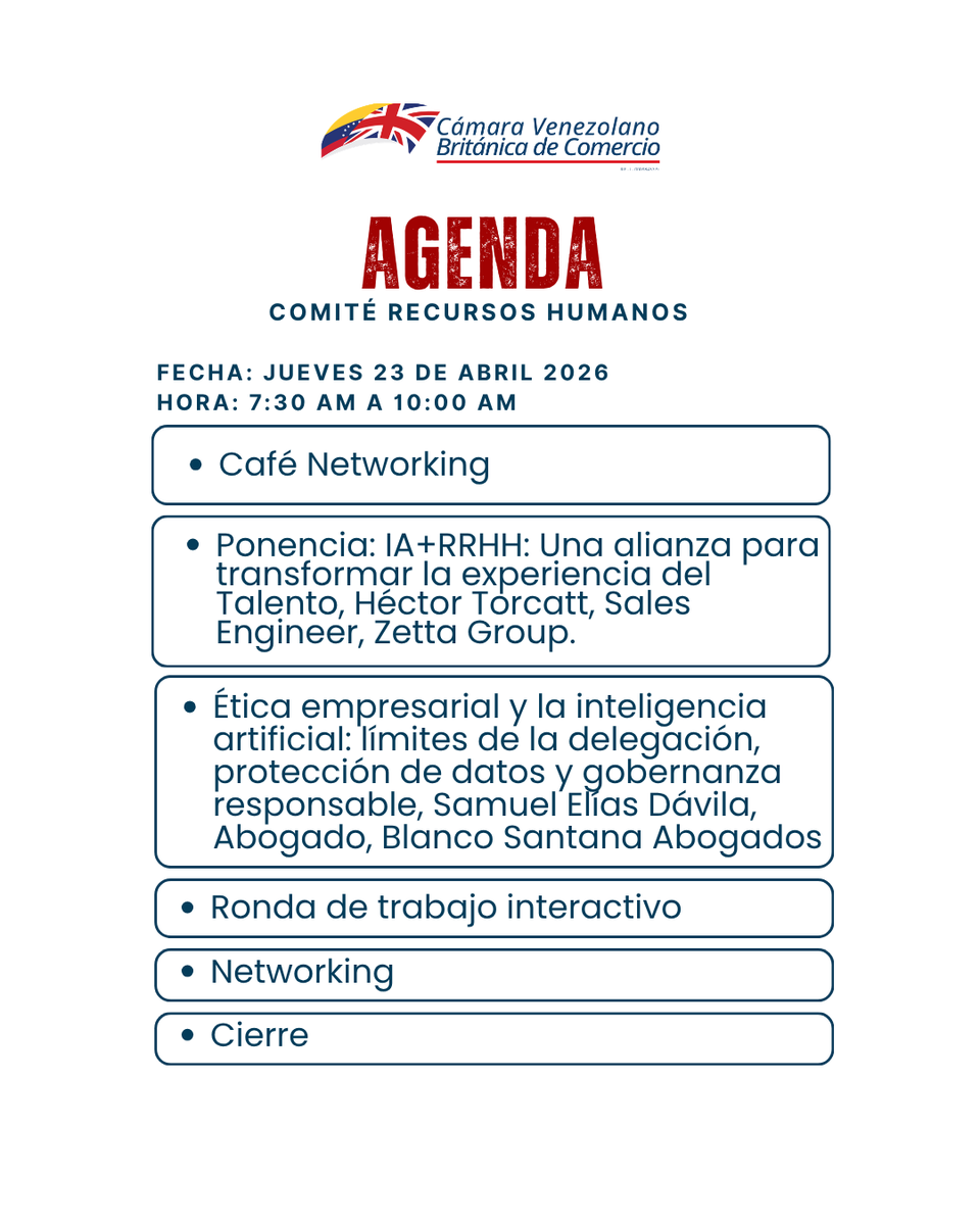 britchamve's tweet photo. Los invitamos al próximo encuentro del Comité de Recursos Humanos de Britchamve
IA+RRHH: Una alianza para transformar la experiencia del Talento
Jueves 23 abril, 2026 de 7:30 a.m. a 10:00 a.m.
Inscripción: eventos@britcham.com.ve
#britchamve #comites #eventosbritchamve #Afiliados https://t.co/ACzCezNlGT