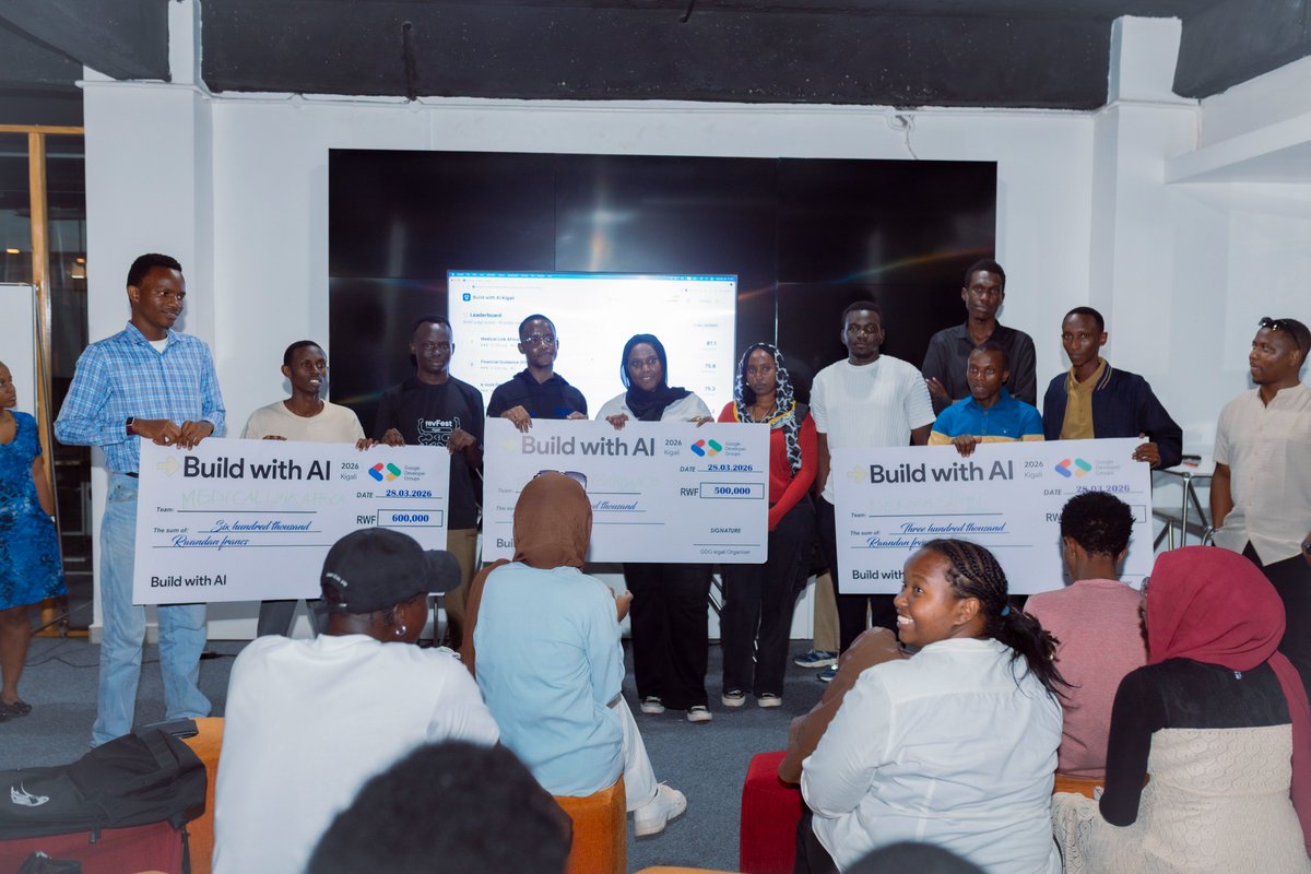 GdgKigali's tweet image. The Build With AI Hackathon winners are in. 🏆🔥
🥇 Code-Craft — MedicalLink Africa 🥈 FGuard 🥉 e-vuze DermaSight
gdg-kigali-portfolio.web.app
Special Shout Out to One Million Coders for making this possible. 🙏💜
#GDGKigali #BuildWithAI #Kigali