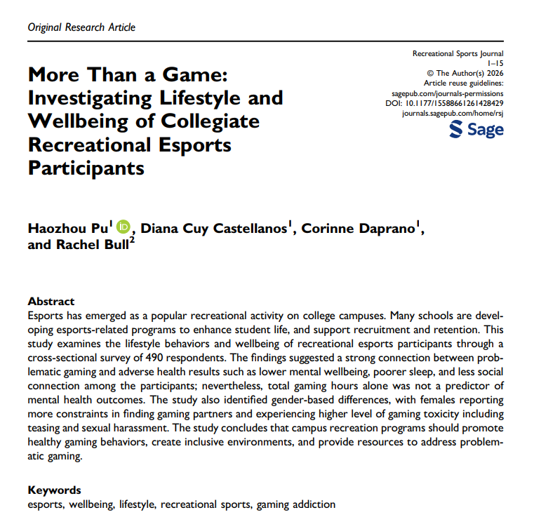 DrSethJenny's tweet image. New citation of our #esports research:

"More Than a Game: Investigating Lifestyle and Wellbeing of Collegiate Recreational Esports Participants"

#EsportsEDU #CollegiateEsports #Recreation #EsportsHealth #EsportsMedicine

Full text: journals.sagepub.com/doi/10.1177/15…