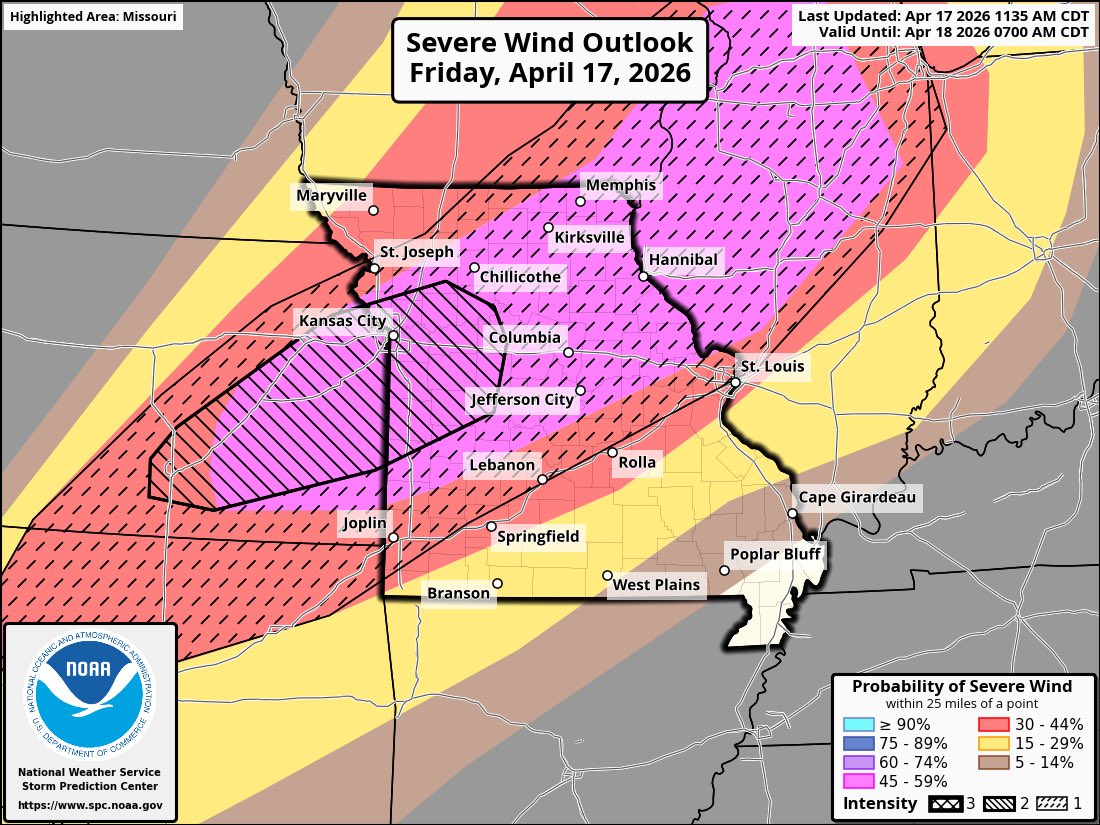 KOMUMatt's tweet image. FRIDAY UPDATE: The Storm Prediction Center just upgraded to a moderate (4/5) risk from roughly Marshall 
/Sedalia stretching southwest to KC into Ks. 

This is a wind driven upgrade. Wind gusts in the worst storms could be over 80MPH especially in the red area. #MidMoWx #MoWx