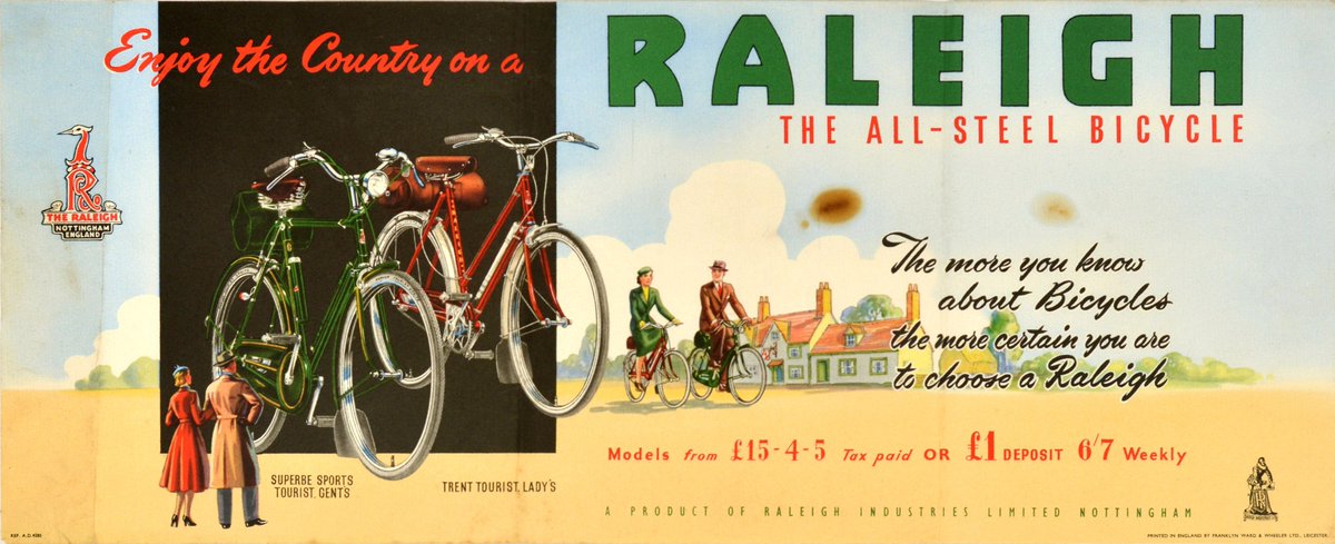 AntikBar's tweet image. Original #vintage #poster of the day - Enjoy the Country on a Raleigh The All-Steel Bicycle • Superbe Sports Tourist Gent's Trent Tourist Lady's • Raleigh Industries Ltd Nottingham (1950s) → antikbar.co.uk/products/pa367… 

#Raleigh #Bicycle #Advertising #History #Bike #BicycleDay