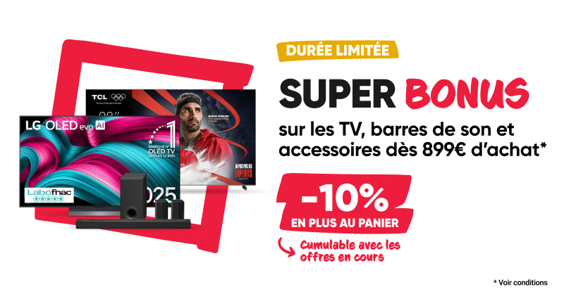 Fnac's tweet photo. #SuperBonus 🚨 Profitez d'une remise de -10%  supplémentaire sur les TV, barres de son et accessoires* 😋👉 https://t.co/eUgpmZaxMo
* Voir conditions https://t.co/RRERwtqaFN