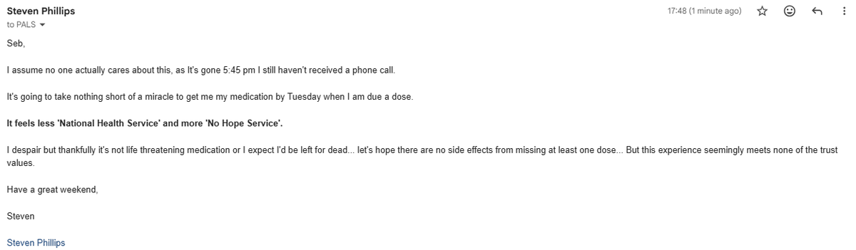 steveeypips's tweet photo. This is my most recent email to PALS @RoyalFreeNHS. Not sure why they have a Patient Advice and Liaison service - they didn't read my email and then promised me a phone call that didn't happen. 

#NoHopeService. https://t.co/ZVdgy63UI8
