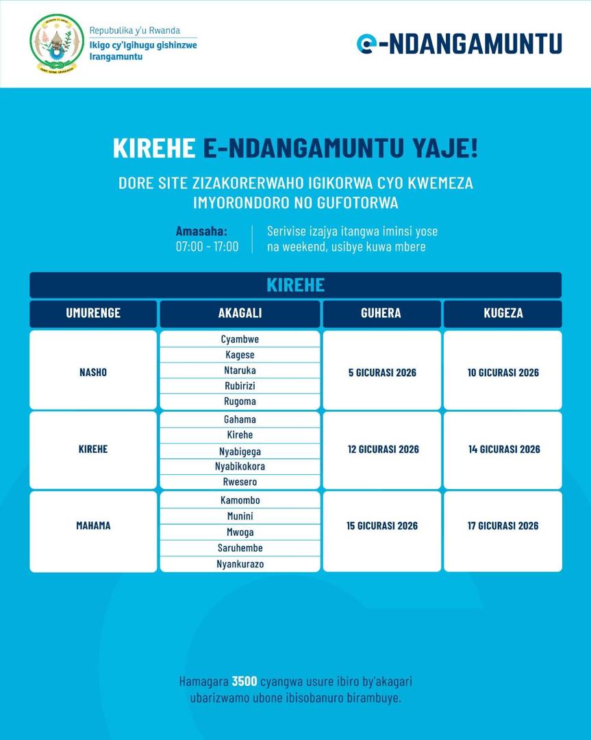 KireheDistrict's tweet photo. Intaganzwa za  #Kirehe, ni twe dutahiwe!
Igikorwa cy’iyandikwa no gufotorwa mu guhabwa Indangamuntu Koranabuhanga #eNdangamuntu kizatangira tariki ya 21 Mata 2026 mu Mirenge yose igize Akarere kacu.

Aya niyo matariki iki gikorwa kizaberaho muri buri Murenge.

Ntimuzacikwe! https://t.co/UjoFMxplPs