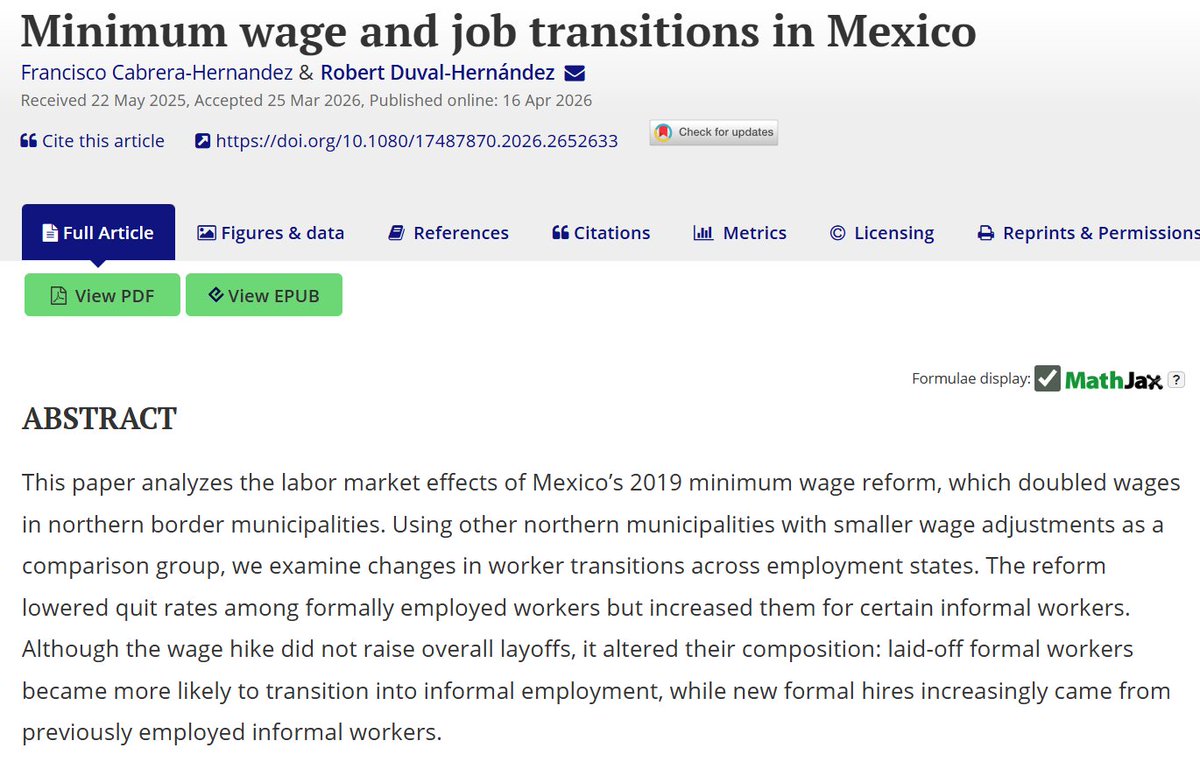 Publication Alert 🚨

Mexico’s minimum wage hike didn’t “destroy jobs”—it reshuffled them.

(heterogeneous) Fewer quits &amp; hires: e.g. young &amp; women quit less, but low-educated face fewer hires!

Same jobs. Different winners. The full story:

tandfonline.com/doi/epdf/10.10…