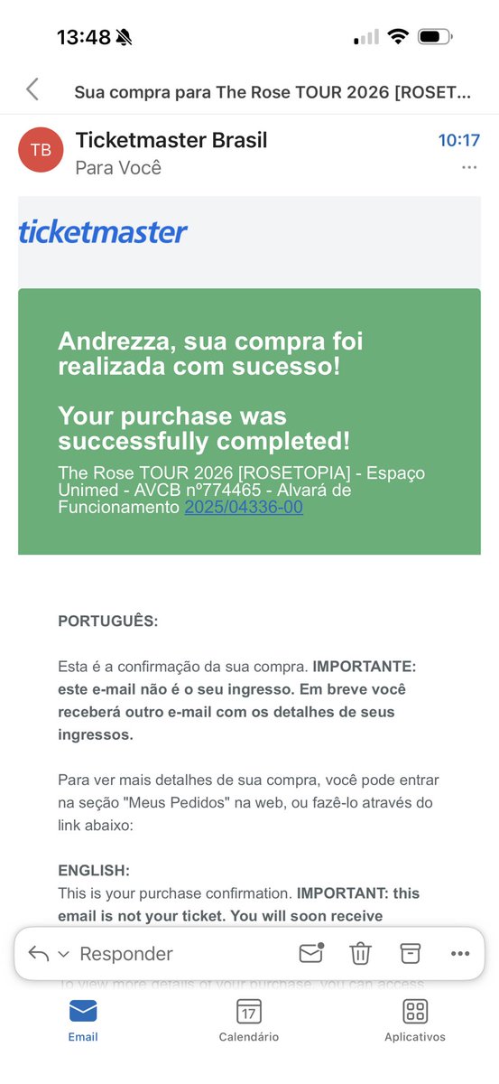 dzmrtt's tweet photo. E-mail da minha compra!!! Não darei golpes.
Pista premium inteira The Rose 
R$1056 https://t.co/deGLLHivhP