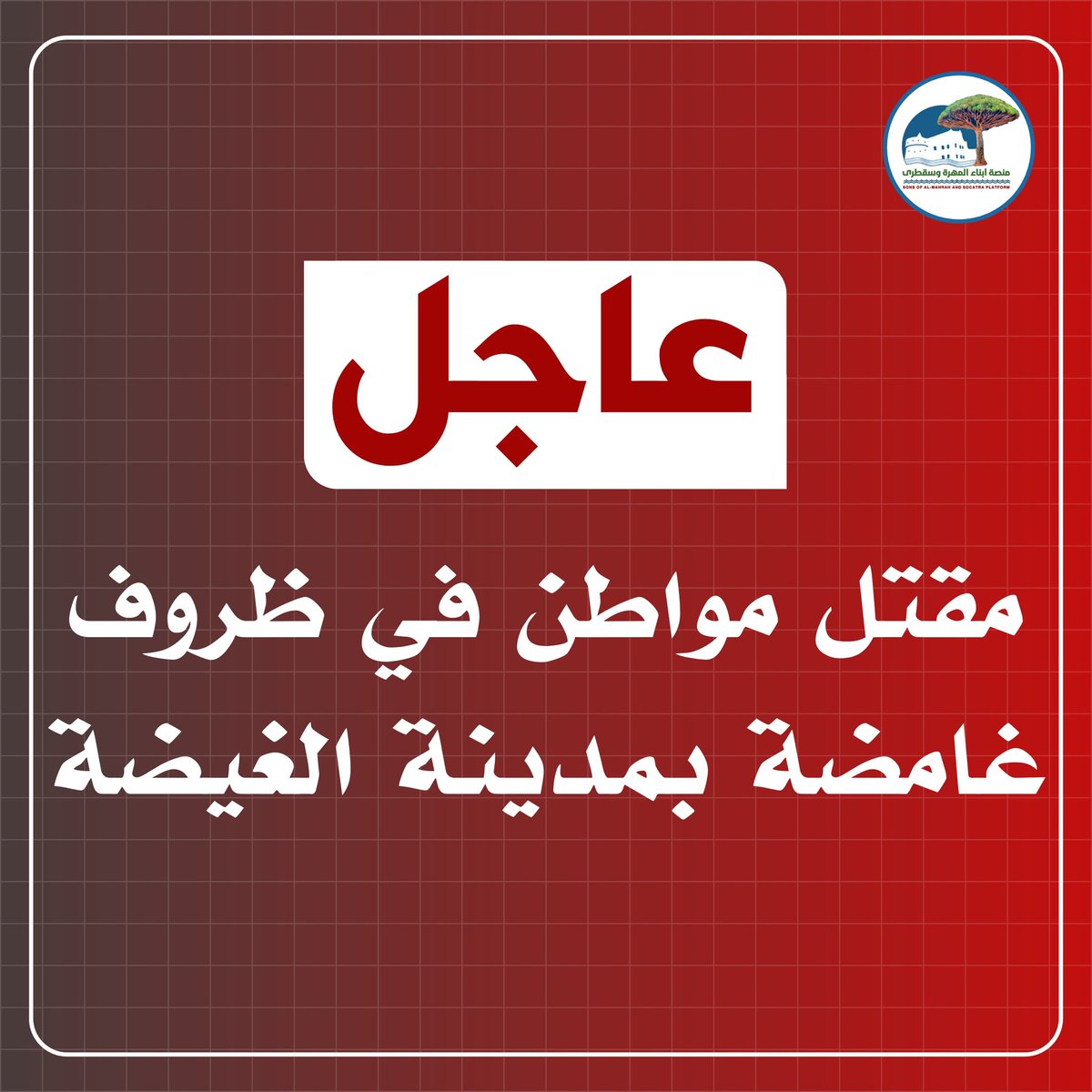 so_ma_soc's tweet photo. #عاجل
مقتل مواطن في ظروف غامضة بمدينة #الغيضة

المهرة - الغيضة
قُتل المواطن رامي سليمان سعد السليمي (30 عامًا)، من أبناء مديرية نشطون، في حادثة غامضة بمدينة الغيضة بمحافظة المهرة.

وأفادت مصادر محلية أن السليمي عُثر عليه مقتولًا داخل سيارته قرب فندق اللؤلؤة، بجوار سوق القات، بعد تعرضه لطلقة نارية في الرأس.

وبحسب المعلومات، فقد ظلّت السيارة في حالة تشغيل لساعات، ما أثار قلق أسرته، قبل أن يتوجه شقيقه إلى الموقع ويكتشف الحادثة، حيث وُجد جثة هامدة داخل المركبة.

ولا تزال ملابسات الجريمة غامضة، فيما يُنتظر أن تباشر الجهات الأمنية التحقيق لكشف تفاصيل الحادث.

#منصة_أبناء_المهرة_وسقطرى