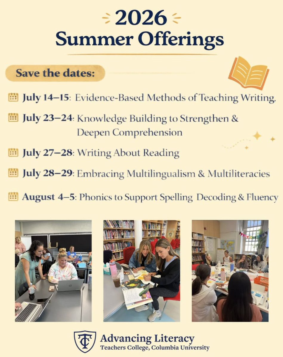 TCAdvancingLit's tweet image. Join us this summer for #ProfessionalDevelopment

#Literacy
#Teachers
#Learning 
#education

advancingliteracy.tc.columbia.edu/events/?grades…
