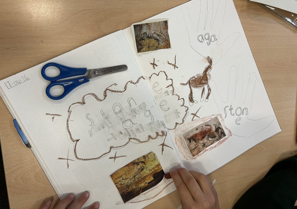 belindajohn71's tweet image. Year 3 @BoltonStoc classes this morning creating unique and fabulous Stone Age Art fact files 🦬 🦌 #Stoneage #firstartists #cavesofLascaux