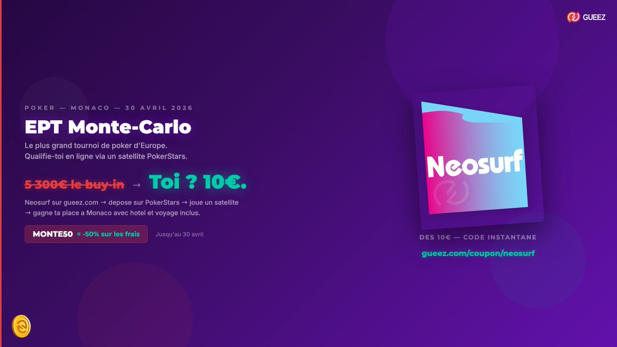 gueezfr's tweet photo. Soit tu tentes ce soir.

Soit dans 2 semaines tu regardes le stream de Monte-Carlo en te disant "j'aurais pu".

Ta Neosurf → https://t.co/VlI1jhQKC7

On vend pas des coupons. On ouvre des portes.

#EPTMonteCarlo #Poker #Neosurf https://t.co/djtRbe01En