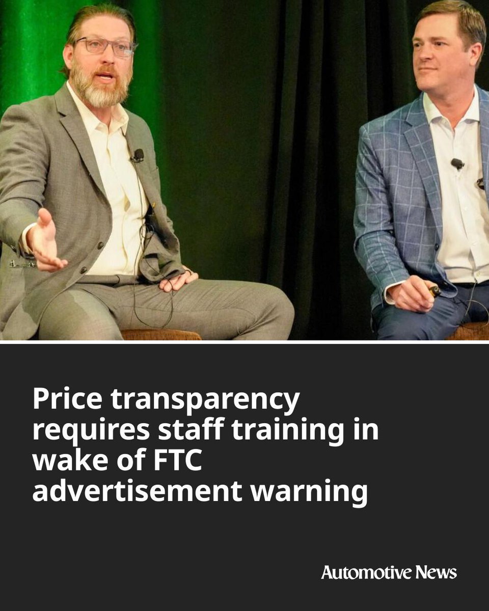 Automotive_News's tweet image. Dealerships need to train staff to handle customer questions about prices in the wake of the Federal Trade Commission’s warning about vehicle advertising, experts said April 14 at the Ethical Finance and Insurance Managers Conference.

#FTC #autofinance #autoinsurance