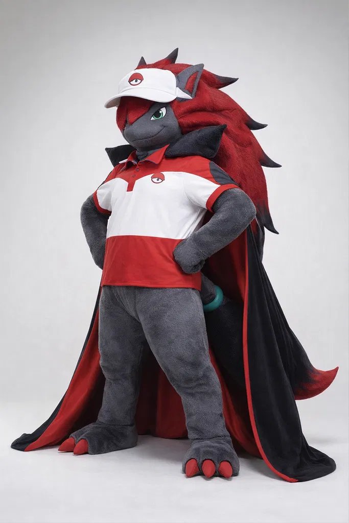 ChaoemperorC's tweet image. Watch out for his illusion tennis skills! Zoroark in his Tennis attire and black/red cape Pokemon mascot costume created using AI tools.

#zoroark #pokemon #mascot #mascotcostume #cosplay #fursuit #cape #cloak #tennis #sports