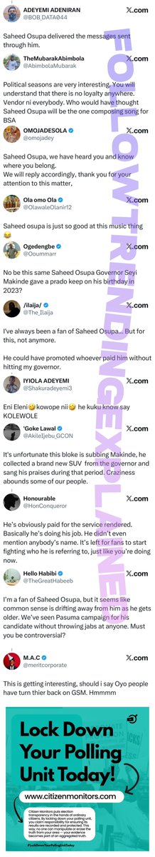 TrendingEx's tweet photo. Saheed Osupa is trending because the Fuji icon ridiculed Gov. Seyi Makinde to promote APC’s guber candidate Sharafadeen Abiodun Alli. [Full]

At Alli’s declaration ceremony in Oyo, Osupa indirectly called GSM a fraud, and his candidate a stranger. As Oyo only recognize the person backed by the Olubadan.

He also mentioned past Governors who performed well in Oyo State, but notably omitted Governor Seyi Makinde.

Fans found it  bizzare because he was a supporter of Seyi Makinde and on his birthday in 2023 Seyi got him a brand new ₦70M Toyota SUV; 

Afterwhich he hailed Seyi Makinde as the “best”. Until today. However, some fans feel he was just doing his job today in Oyo.

Recall, last month PunchNews exclusively reported that Pres. Tinubu had approved Obafemi Hamzat for Lagos guber-candidate, Yayi for Ogun, and Sharafadeen Alli for Oyo, after dropping Bayo Adelabu over his unpopularity.

Be your own situation roomin 2027, view results live in real-time on @citizenmonitors a people’s alternative to INEC’s IREV. You can also snap and upload results from polling units live and it auto-aggregates! Sign up now: https://t.co/1jqs7eUmth