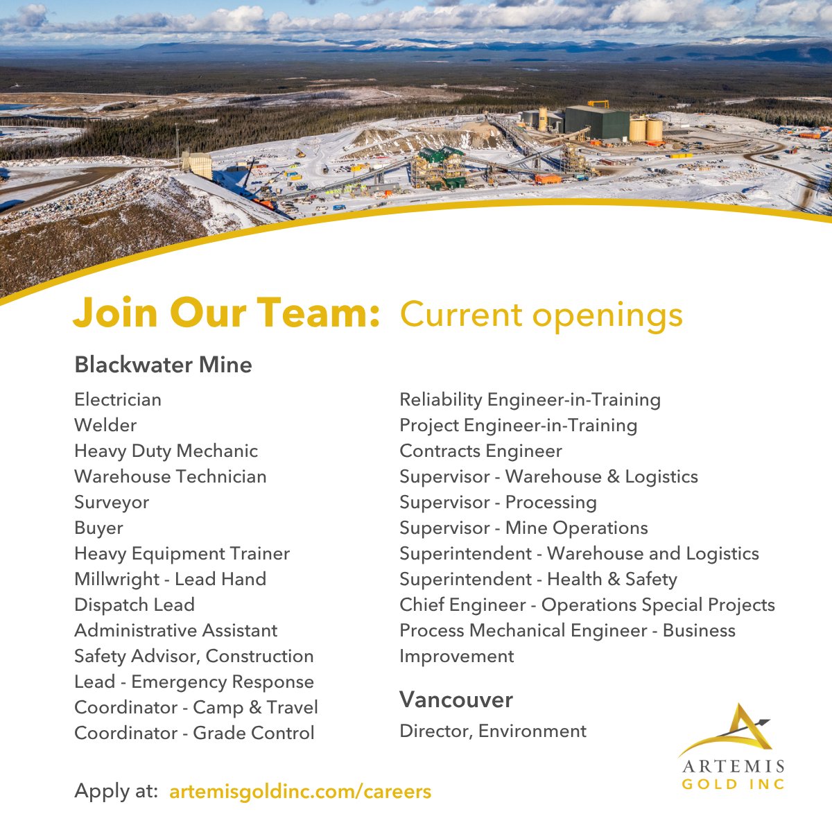 ArtemisGoldInc's tweet image. We're hiring! Join the Blackwater Mine team! Check out our latest openings below and apply online here: careers-artemisgoldinc.icims.com/jobs/search?ha… 
Don't forget to mention on your resume if you are from a regional or Indigenous community!

#artemisgold #blackwatermine #mining #miningbc