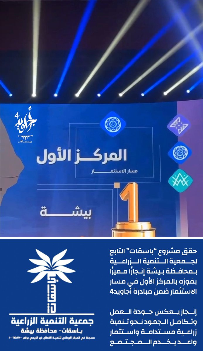 حقق مشروع “#باسقات” التابع لجمعية التنمية الزراعية بمحافظة بيشة إنجازًا مميزًا بفوزه بالمركز الأول في مسار الاستثمار ضمن مبادرة #أجاويد4 

إنجاز يعكس جودة العمل وتكامل الجهود نحو تنمية زراعية مستدامة واستثمار واعد يخدم المجتمع .