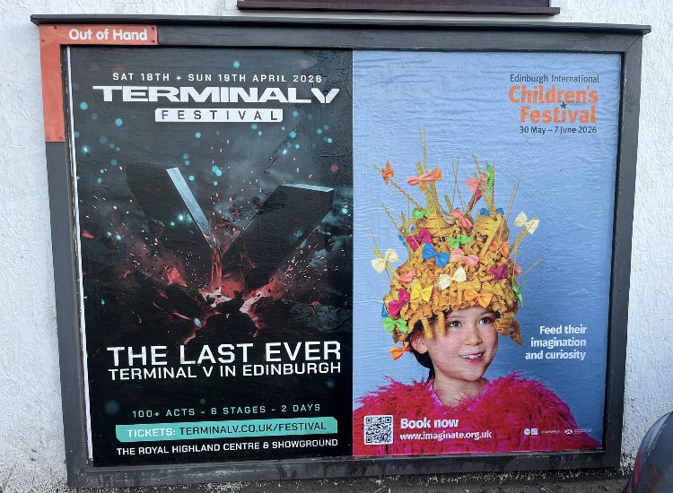 OutofHandScot's tweet image. #print #posters #distribution #outdoor #advertising @TerminalVFest Festival returns this weekend April 18 + 19th &amp;amp; will mark the final ever edition in #Edinburgh, closing a defining 9year chapter in the city that has shaped the festival @HighlandCentre 
terminalv.co.uk/festival/
