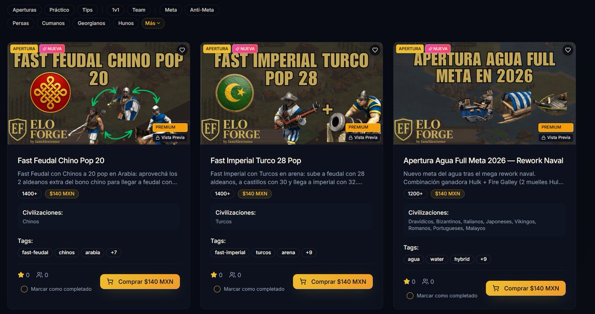 Gran actualización en ELOForge:

🎬 Ahora puedes comprar videos sueltos desde MXN 99 / $5 USD
▶️ Cada video tiene preview gratis antes de pagar
💳 Tarjeta, PayPal, OXXO o transferencia
🇲🇽 Precios en pesos si estás en México

¿Ya probaste la mejor pagina de coaching de Age of