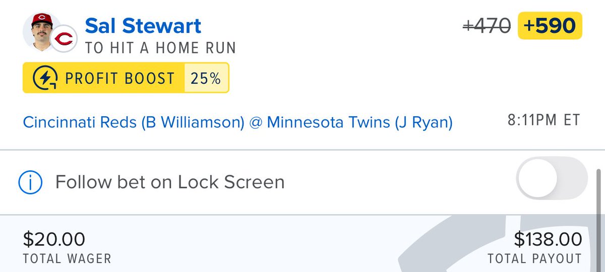 ClarenceBets's tweet image. 4/17 Reds bet of the Day Boosted

Sal Stewart Home Run +590 .5u

#mlb #boost #parlay #prop #sgp #ev #bet #wager #clarencebets #fanduel #reds #freepicks #homerun #dinger #sharp