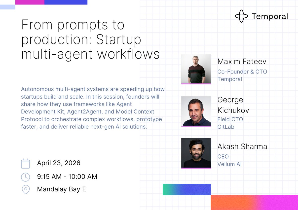temporalio's tweet photo. Agents fail in production for boring reasons. Transient API errors. Human approval steps that time out. Non-deterministic branching that nobody accounted for at 2am on a Saturday.

Our CTO @mfateev is at #GoogleCloudNext April 23 with @GitLab + @vellum_ai  getting into the infrastructure decisions that determine whether your agent system survives contact with real users.

Register:
https://t.co/eYSw60GzEV