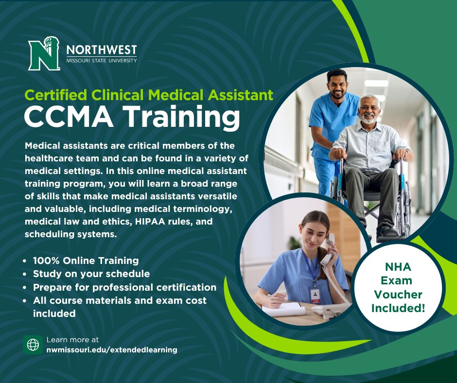 NWExtLearning's tweet photo. Take the next step toward a career in healthcare! 

Enroll in Northwest's Certified Clinical Medical Assistant program that's designed with your success in mind. Our program is online &amp; the exam cost is included, so you can focus on reaching your goals. https://t.co/aQMpYHrc5T https://t.co/9HJSq4DEJ0