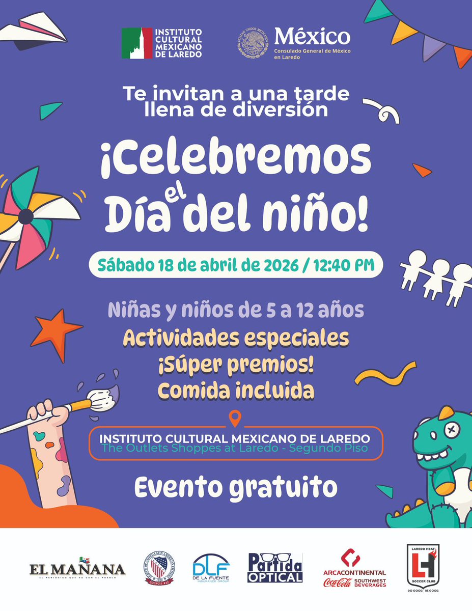 consulmexlaredo's tweet photo. En coordinación con el #ICMLaredo invitamos a la comunidad a celebrar el #DíaDelNiño con una jornada llena de actividades recreativas, dinámicas y alimentos para niñas y niños de 5 a 12 años. Los esperamos para compartir una tarde en familia.
@SRE_mx @IME_SRE #CuidemosALosNiños https://t.co/pERPld7DQV