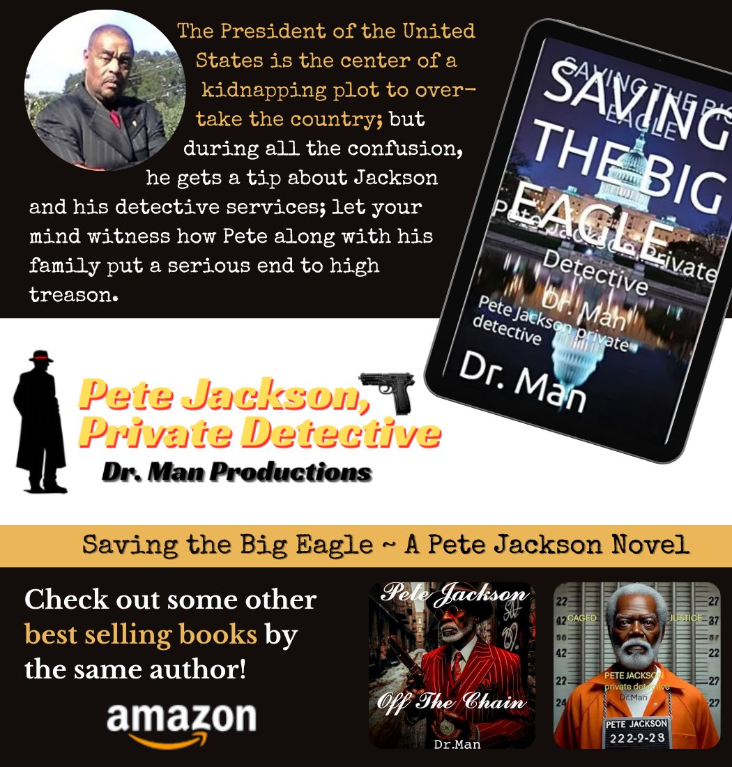 authors_ol's tweet image. Brand New Release:

SAVING THE BIG EAGLE
Pete Jackson private Detective 
by Dr. Man @drmanproduction @mystery_ol @wh2r_ol @fiction_ol @writers_ol @bookslafayette

#WritingCommunity #CrimeFiction
Buy Direct:  amazon.com/author/drman
