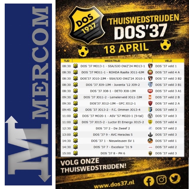 DOS37's tweet photo. 💛🖤 Wedstrijdprogramma's zaterdag 18 april DOS’37 🖤💛

Vandaag staat er weer een prachtige voetbalzaterdag op ons te wachten! 🙌⚽️

Onze teams gaan er alles aan doen om er mooie wedstrijden van te maken.

Wij wensen iedereen heel veel succes én plezier.💪🔥 https://t.co/BRM6ERgTTM